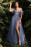 Prom Dresses Long Ball Gown Layered Formal Floral Prom Dress Smoky Blue