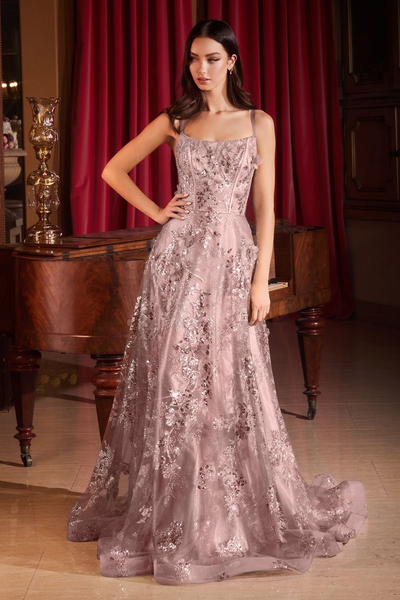 Prom Dresses Sequin Long Formal Floral Print Prom Dress Mauve