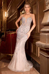 Prom Dresses Mermaid Long Formal Prom Beaded Lace Dress Silver Nude