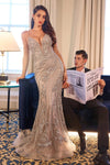 Prom Dresses Fitted Lace Long Formal Beaded Prom Dress Silver Nude