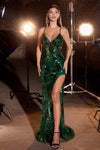 Prom Dresses Fitted Formal Long Slit Beaded Applique Prom Dress  Emerald