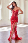 Prom Dresses Fitted Formal Long Slit Beaded Applique Prom Dress  Red