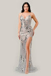 Prom Dresses Fitted Formal Long Slit Beaded Applique Prom Dress  Silver Nude