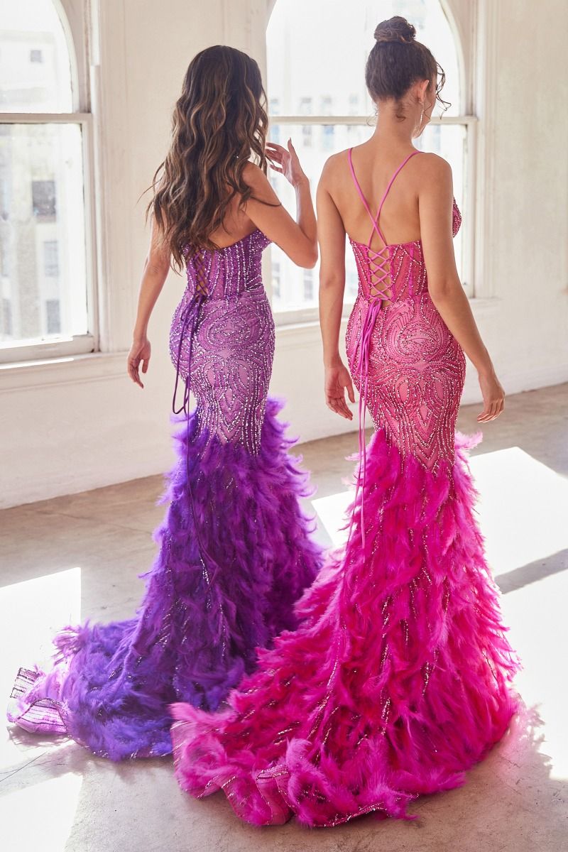 Prom Dresses Feather Beaded Formal Prom Long Mermaid Dress Azalea Pink