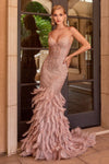 Prom Dresses Feather Beaded Formal Prom Long Mermaid Dress  Rose Gold