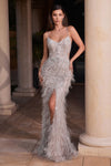 Prom Dresses Fitted Long Feather Formal Evening Prom Dress Silver/Nude