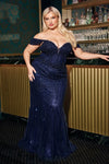Plus Size Dresses Fitted Long Formal Beaded Sequin Plus Size Dress Navy