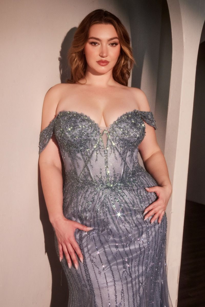 Plus Size Dresses Fitted Long Formal Beaded Sequin Plus Size Dress Smoky Blue