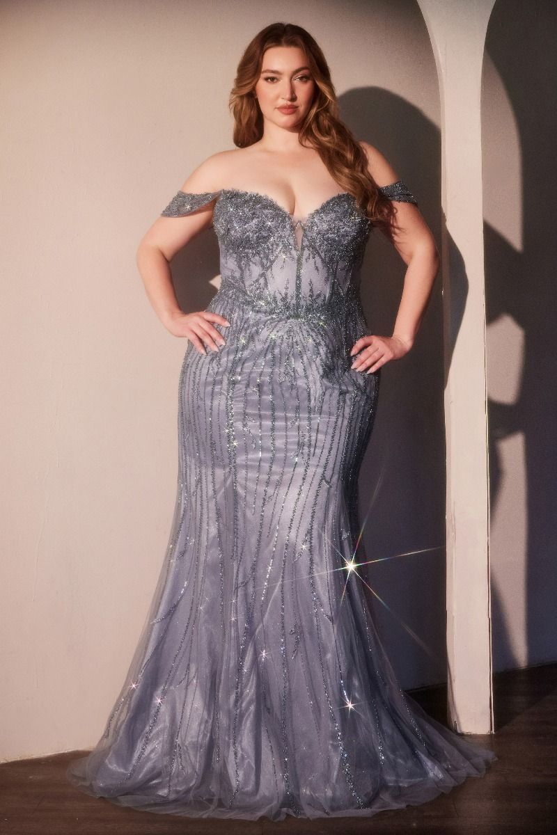 Plus Size Dresses Fitted Long Formal Beaded Sequin Plus Size Dress Smoky Blue