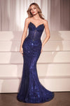 Prom Dresses Sequin Fitted Long Formal Beaded Prom Gown Navy