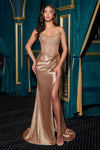 Long Fitted Slit Formal Glitter Prom DressMocha Gold
