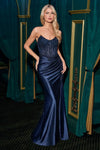 Long Fitted Slit Formal Glitter Prom Dress Navy