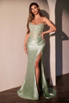 Long Fitted Slit Formal Glitter Prom DressSage