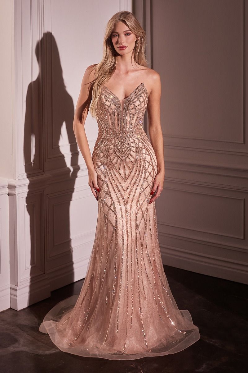 Prom Dresses Formal Glitter Prom Fitted Long Dress Rose Gold