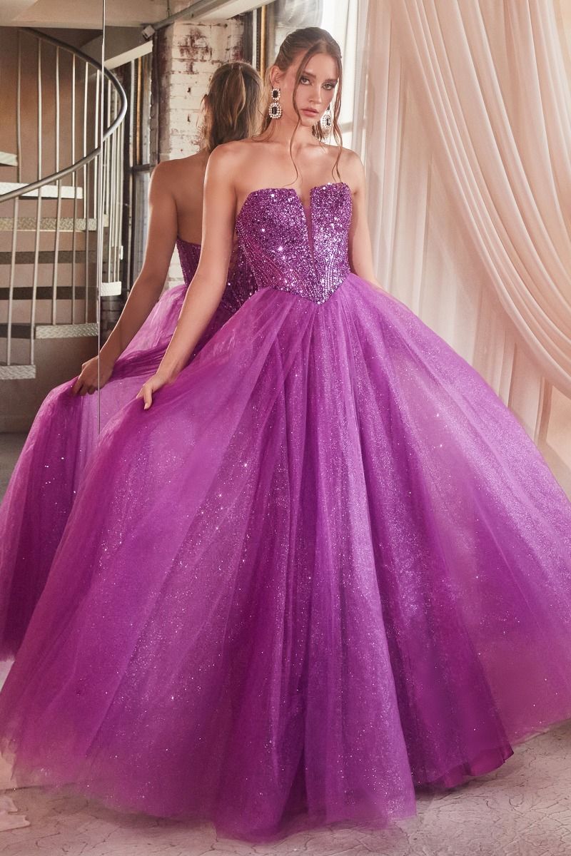 Prom Dresses Long Strapless A Line Sequin Glitter Tulle Skirt Dress Amethyst