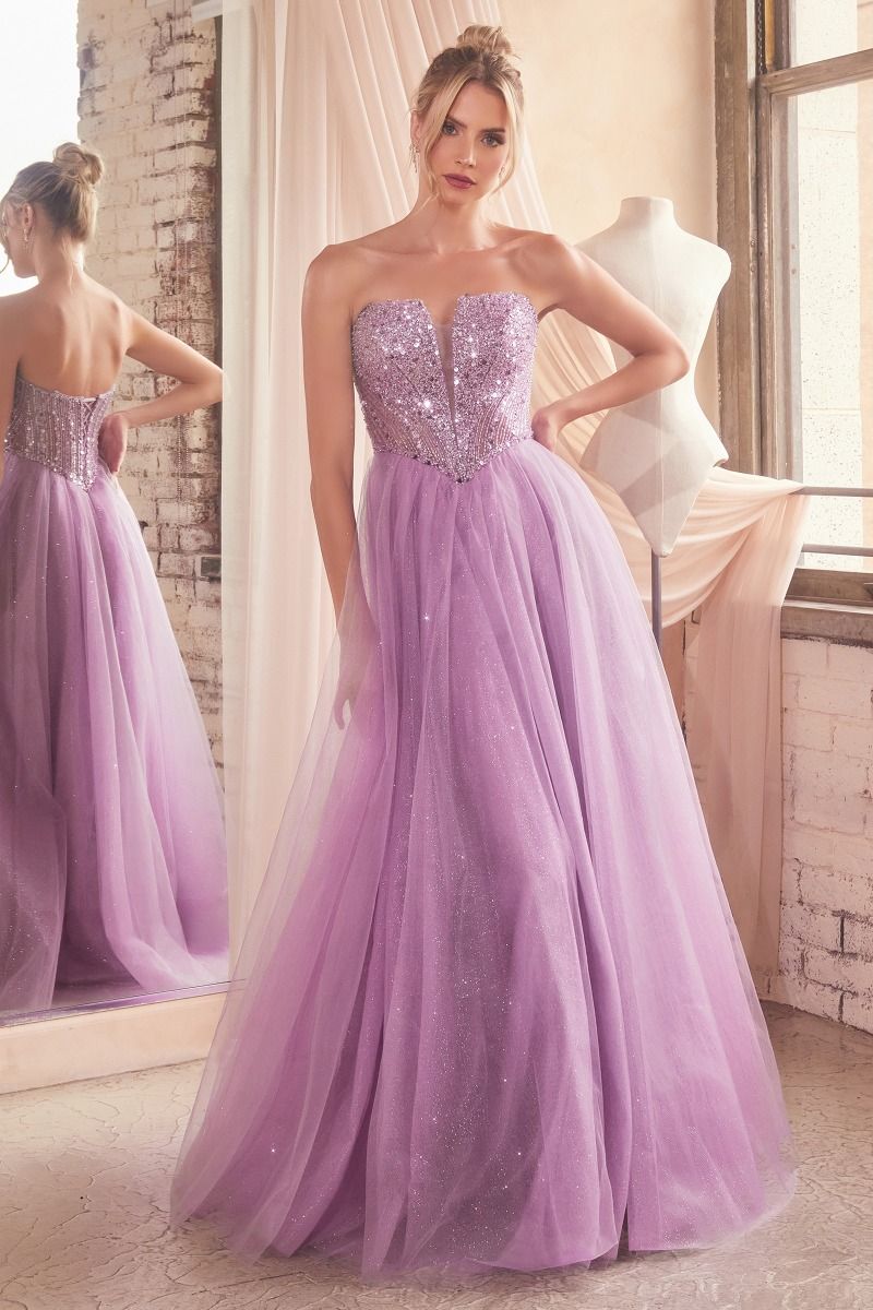 Prom Dresses Long Strapless A Line Sequin Glitter Tulle Skirt Dress Dusty Lavender