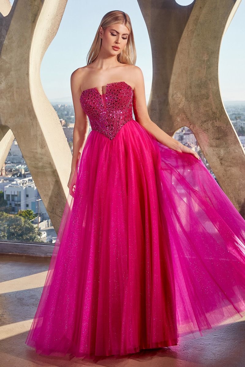 Prom Dresses Long Strapless A Line Sequin Glitter Tulle Skirt Dress Magenta