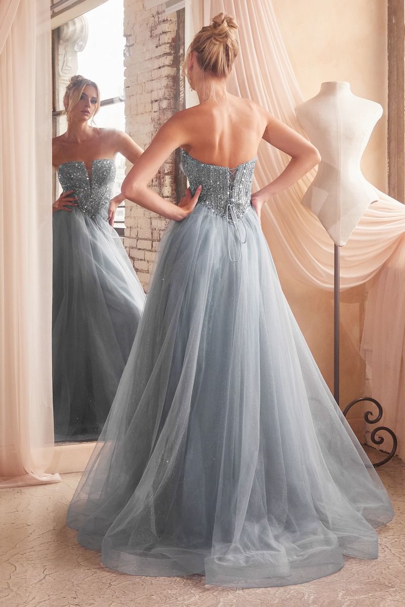 Prom Dresses Long Strapless A Line Sequin Glitter Tulle Skirt Dress Smoky Blue