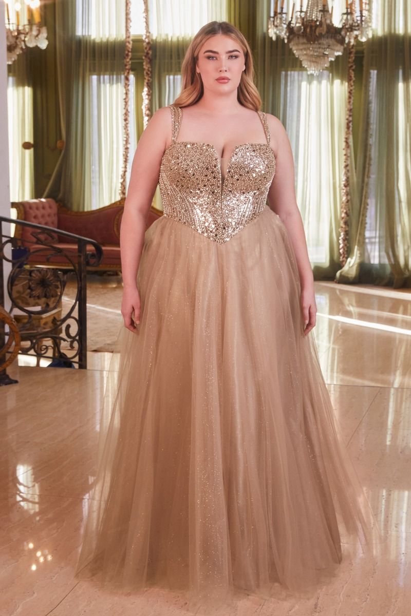Plus Size Dresses Long Formal Plus Size Sequin Prom Gown Mocha Gold