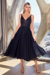 Cocktail Dresses Beaded A Line Tea Length Cocktail Dress Navy