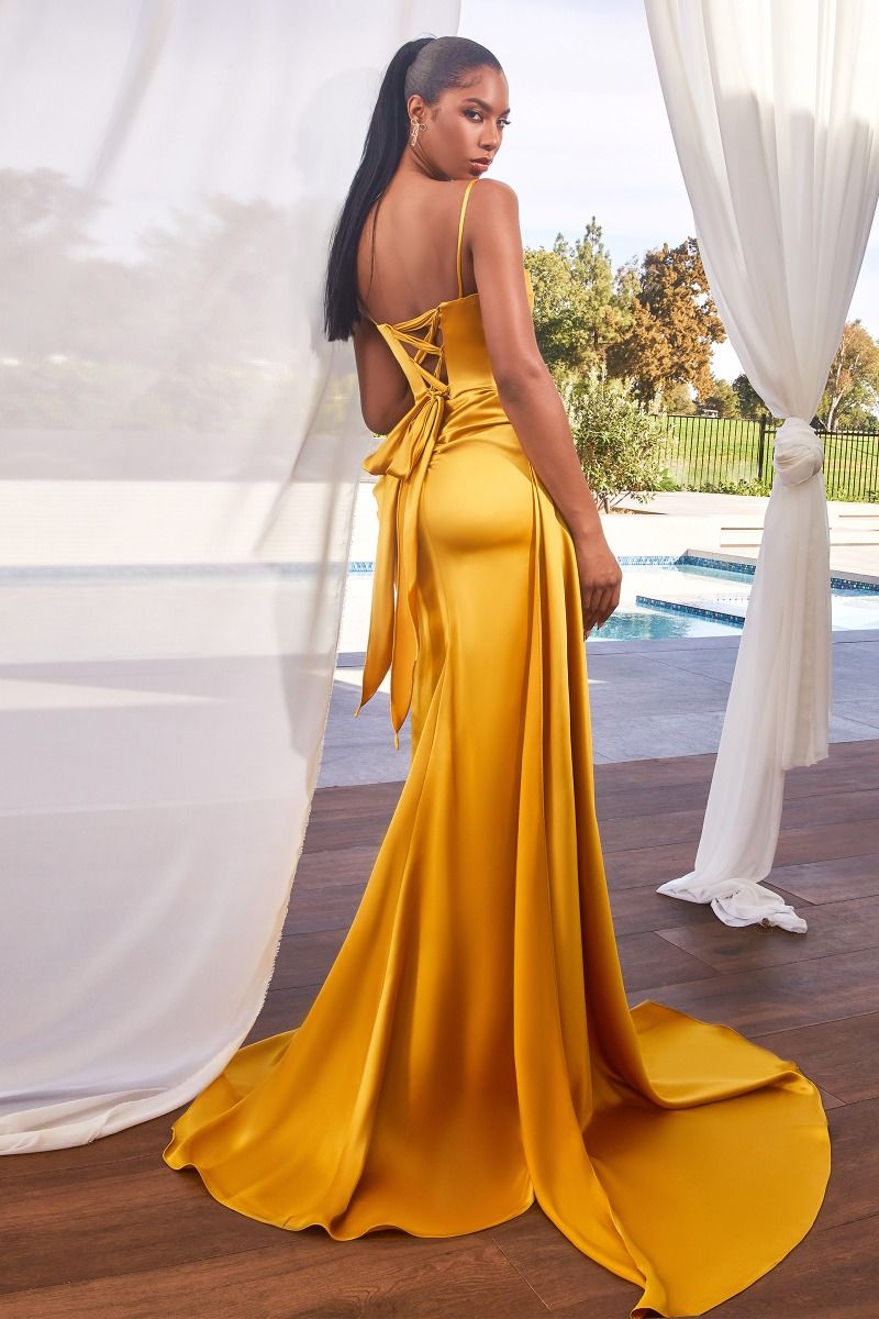 Prom Dresses Long Slit Pleated Formal Beaded Prom Dress Marigold