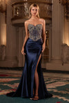 Prom Dresses Beaded Long Corset Formal Fitted Prom Gown Navy