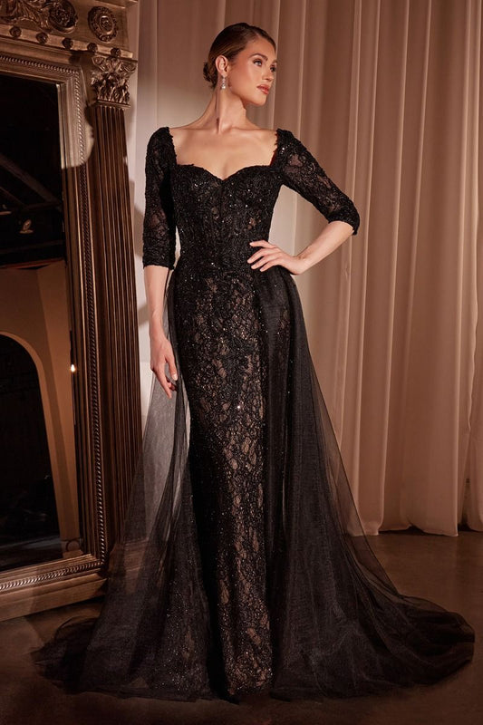 Formal Dresses Fitted Long Formal Applique Overskirt Evening Dress Black Nude