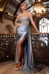 Prom Dresses Fitted Long Formal Slit Prom Beaded Dress Dusty Blue