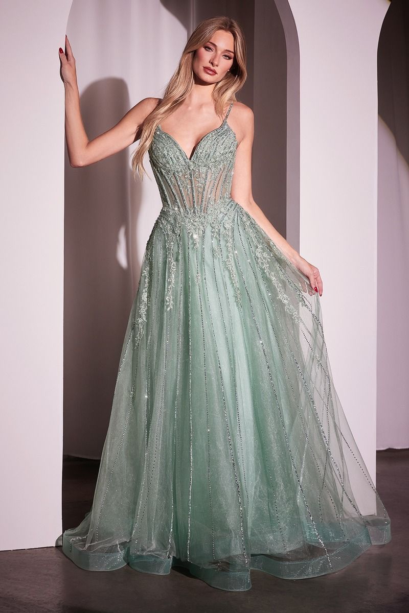 Prom Dresses Beaded Long Formal Prom A Line Dress Sage