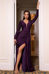 Formal Dresses Long Sleeve Formal Beaded Evening Gown Eggplant