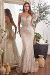 Prom Dresses Long Formal Beaded Corset Mermaid Prom Gown Silver Nude