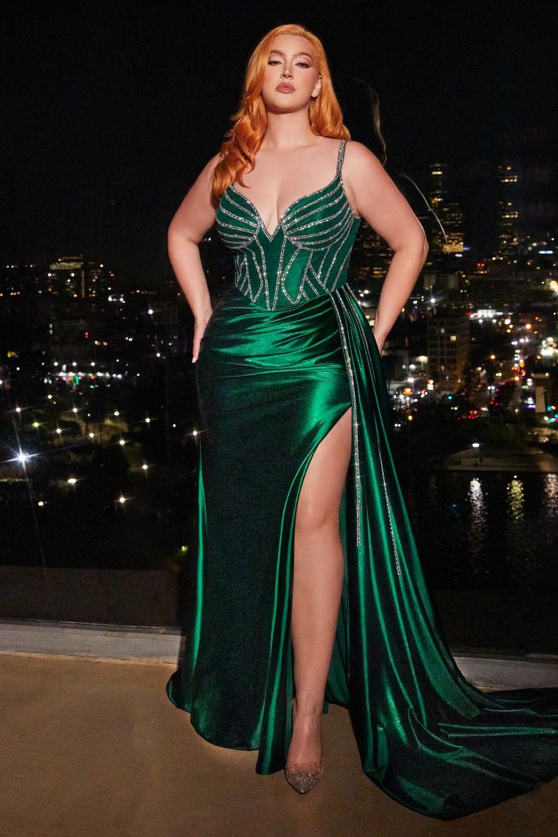 Plus Size Dresses Long Pleated Prom Formal Beaded Plus Size Dress Emerald