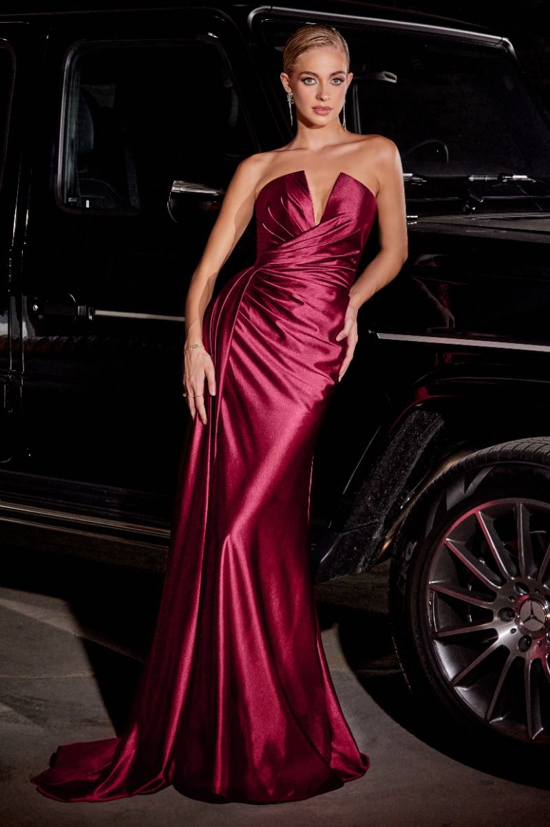 Prom Dresses Long Formal Strapless Satin Fitted Prom Dress Burgundy