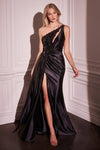 Formal Dresses Long One Shoulder Satin Beaded Lace Trim Dress Black