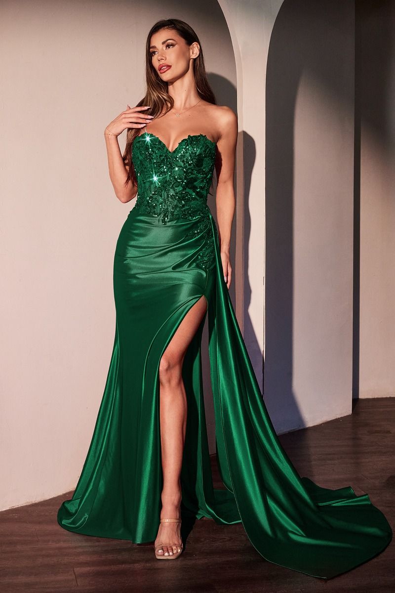 Prom Dresses Long Fitted Applique Formal Slit Prom Dress Emerald