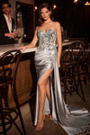 Prom Dresses Long Fitted Applique Formal Slit Prom Dress Silver