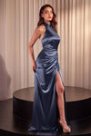 Prom Dresses Fitted Slit Prom Long Formal Gown Smoky Blue