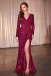 Formal Dresses Long Sleeve Formal Sequin Fitted Evening Dress Magenta