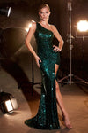Formal Dresses Long One Shoulder Sequin Leg Slit Dress Emerald
