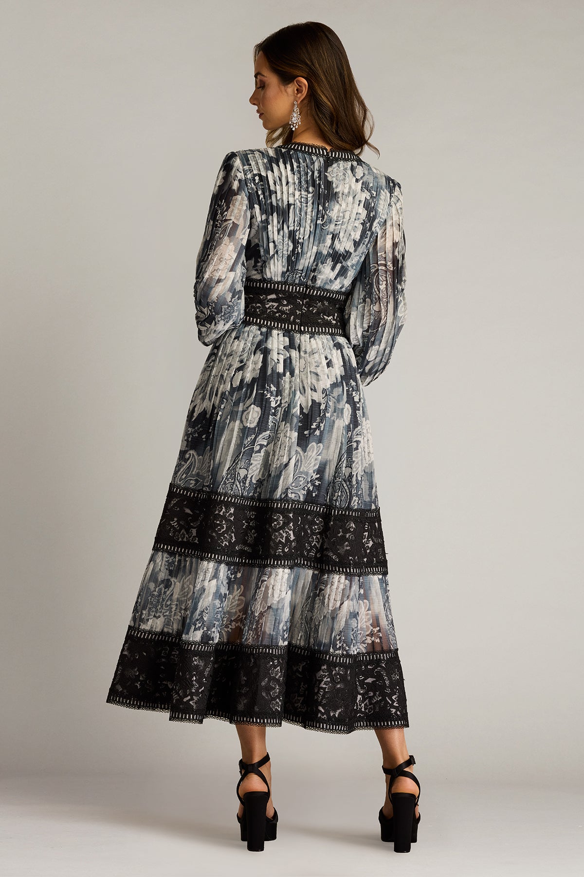 Formal Dresses Long Sleeve Formal Pleated Midi Length Dress Ivory Black