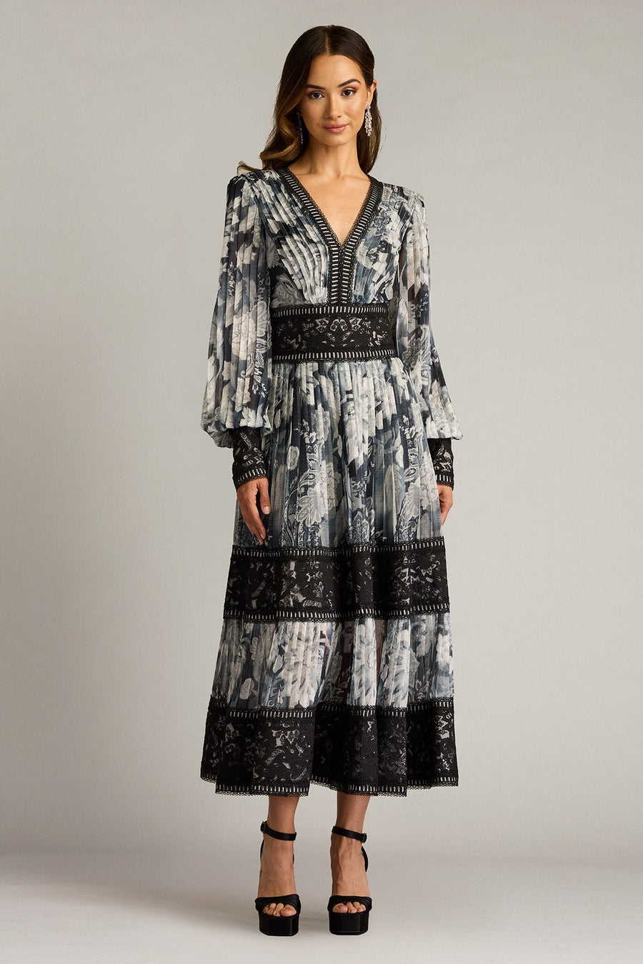 Formal Dresses Long Sleeve Formal Pleated Midi Length Dress Ivory Black