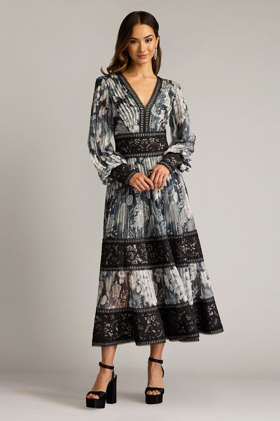 Formal Dresses Long Sleeve Formal Pleated Midi Length Dress Ivory Black