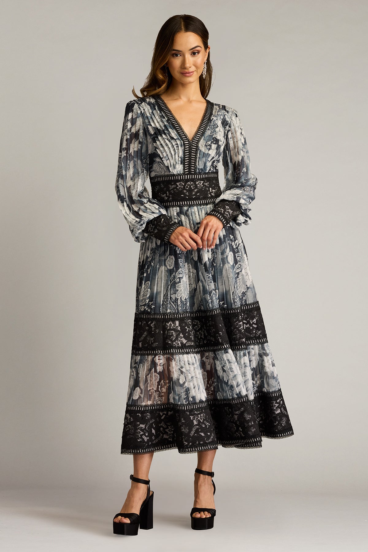 Formal Dresses Long Sleeve Formal Pleated Midi Length Dress Ivory Black