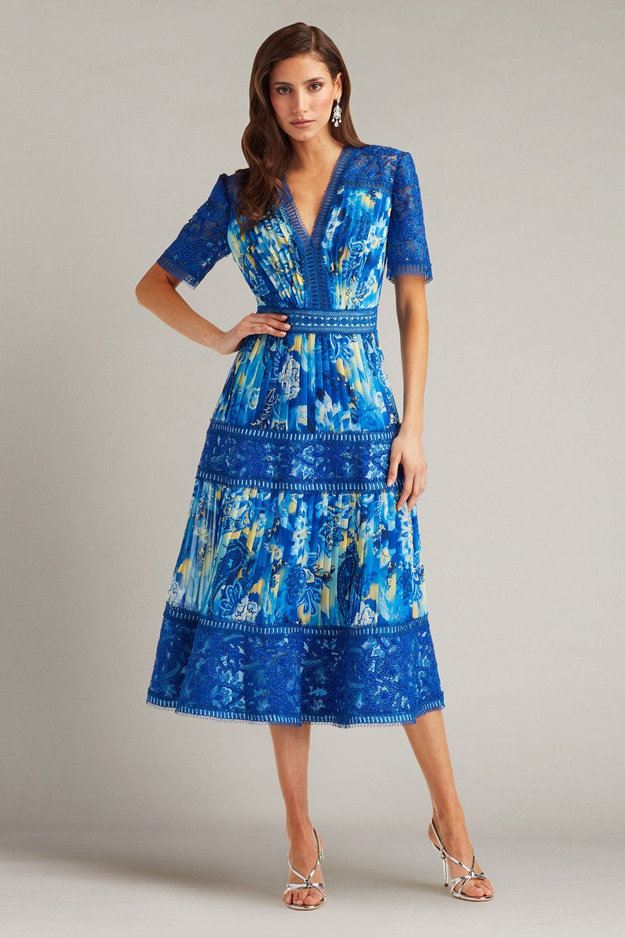 Cocktail Dresses Short Printed Cocktail Pleated Dress Mystic Blue