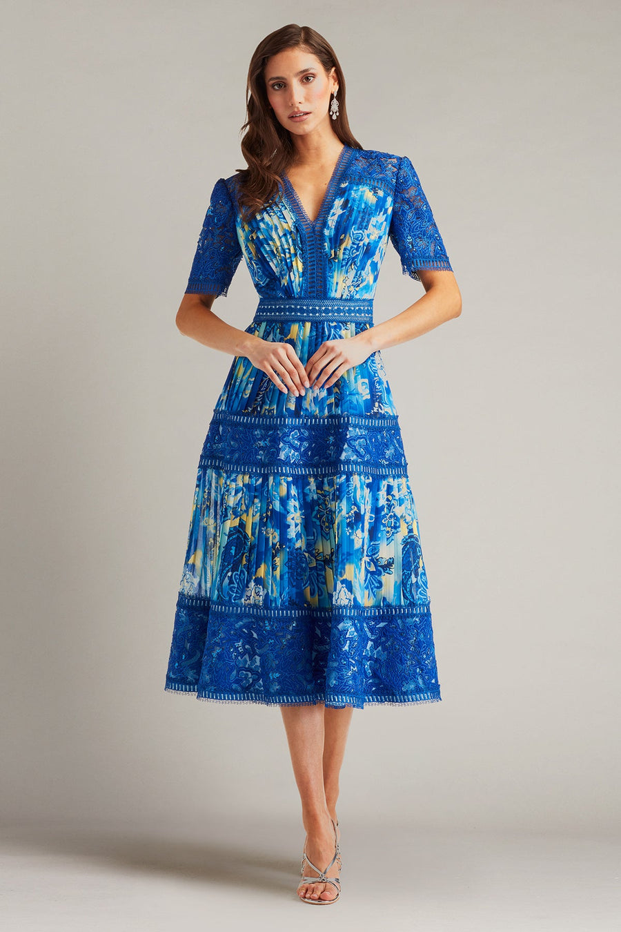 Cocktail Dresses Short Printed Cocktail Pleated Dress Mystic Blue