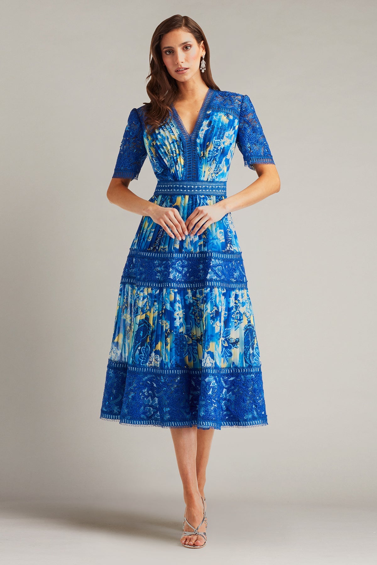 Cocktail Dresses Short Printed Cocktail Pleated Dress Mystic Blue