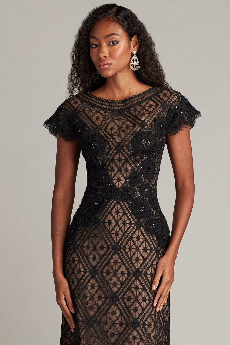 Formal Dresses Long Ruffle Formal Cap Sleeve Dress Black Nude