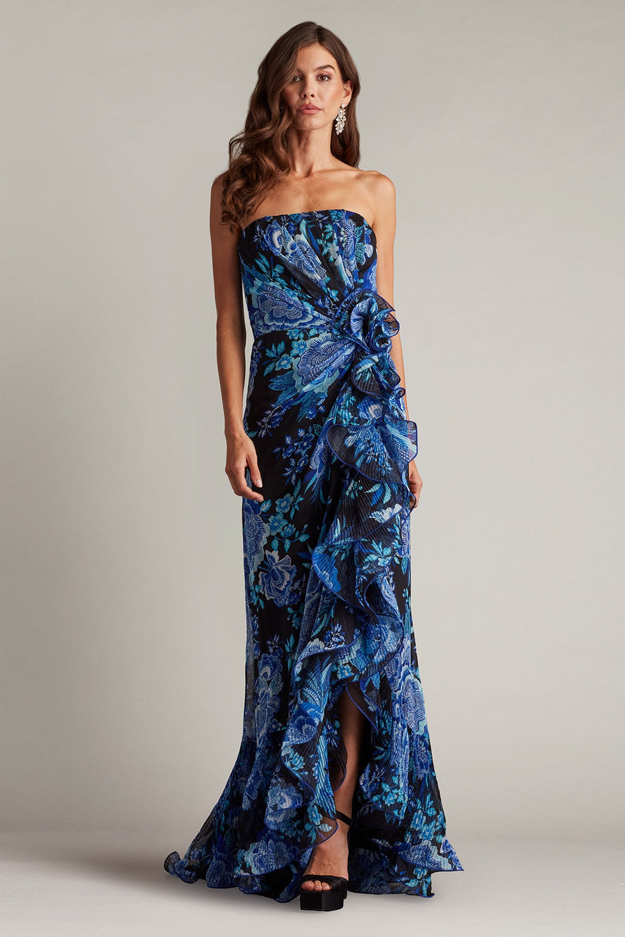 Prom Dresses Floral Printed Formal Long Slit Prom Pleated Ruffle Dress Black Blue Floral