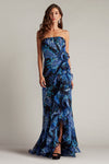 Prom Dresses Floral Printed Formal Long Slit Prom Pleated Ruffle Dress Black Blue Floral