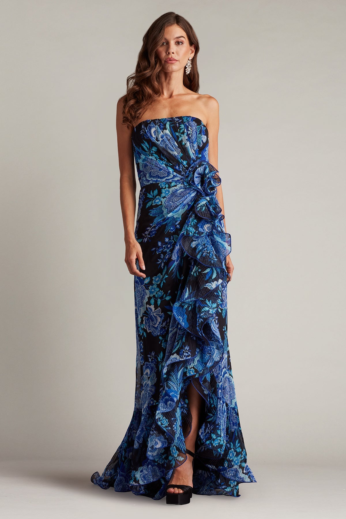 Prom Dresses Floral Printed Formal Long Slit Prom Pleated Ruffle Dress Black Blue Floral